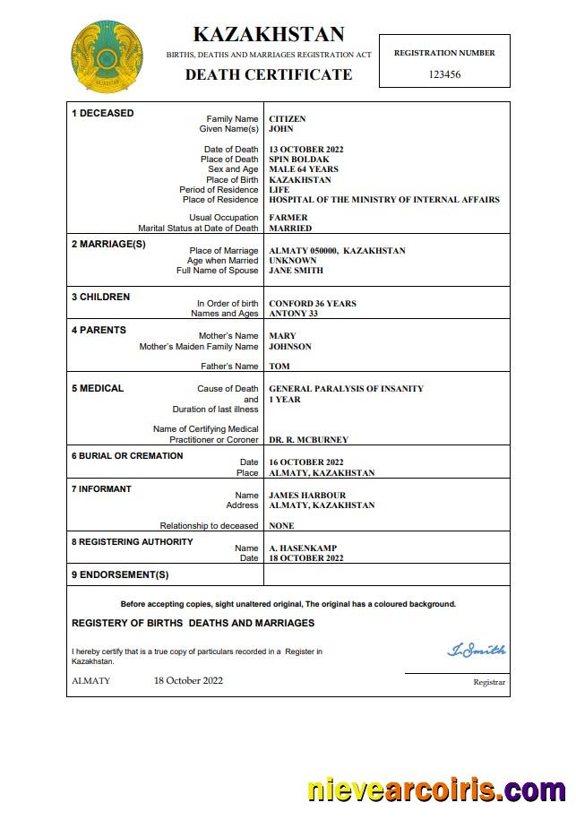 Kazakhstan death certificate